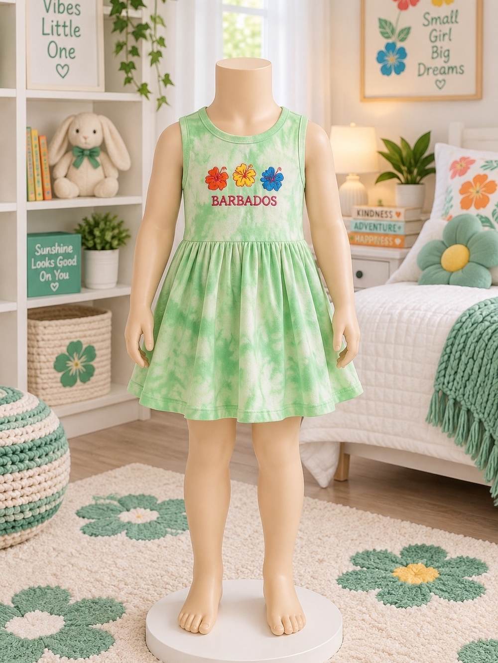 Barbados Green Tie-Dye Toddler Dress with Floral Embroidery